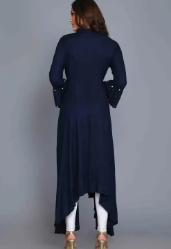 Solid Color Rayon Asymmetric Kurta in Navy Blue