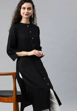 Solid Color Rayon Button Down Kurta in Black