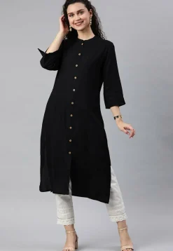 Solid Color Rayon Button Down Kurta in Black