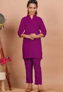 Solid Color Rayon Co Ord Set in Magenta