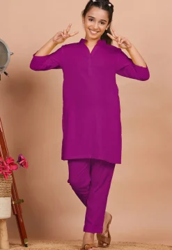 Solid Color Rayon Co Ord Set in Magenta