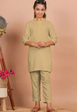 Solid Color Rayon Co Ord Set in Beige