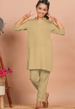 Solid Color Rayon Co Ord Set in Beige