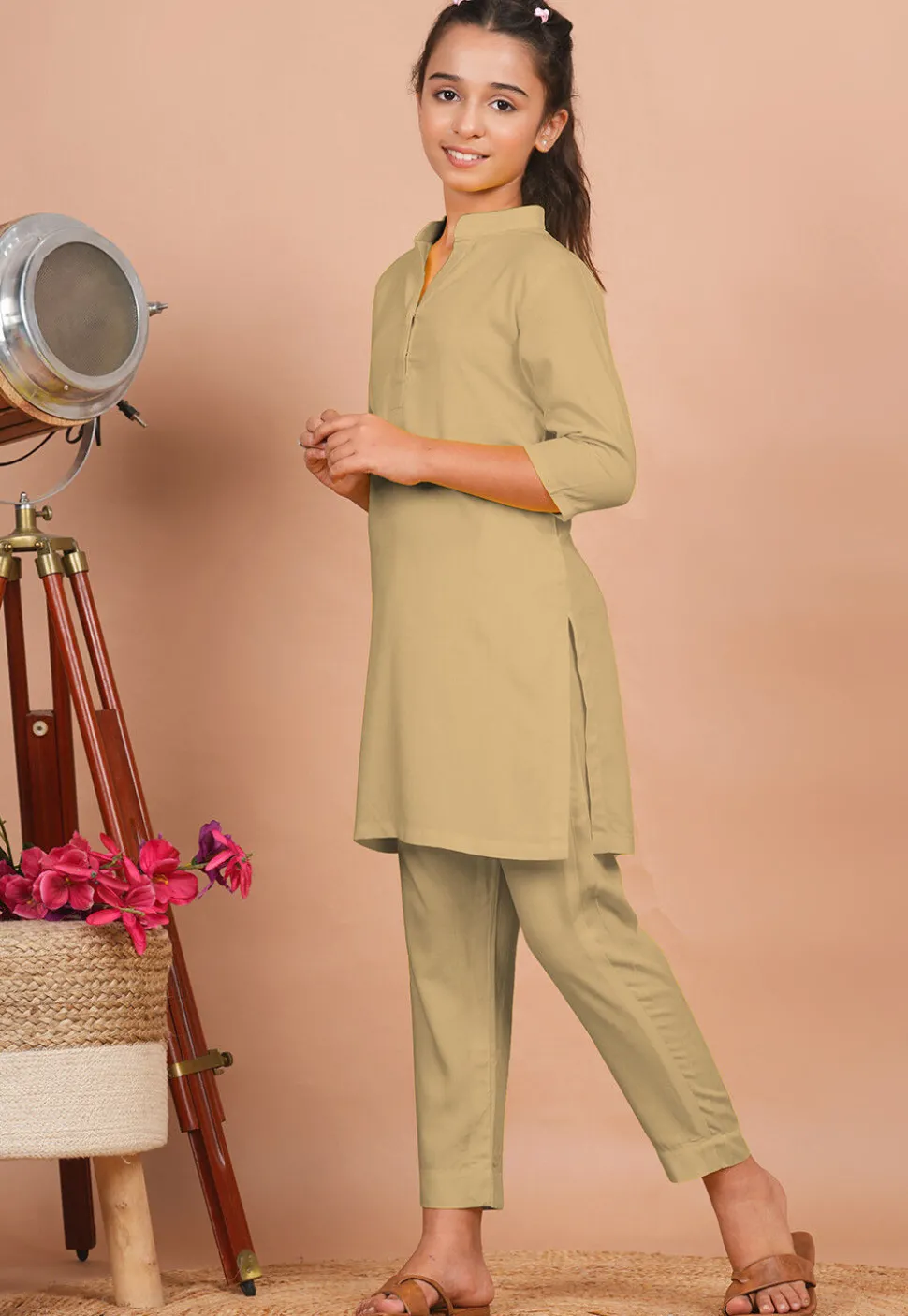 Solid Color Rayon Co Ord Set in Beige