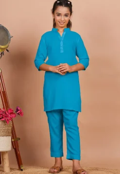 Solid Color Rayon Co Ord Set in Turquoise