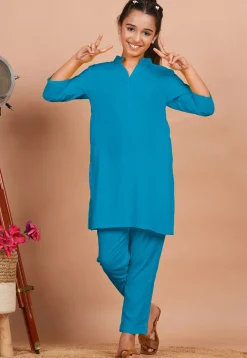 Solid Color Rayon Co Ord Set in Turquoise