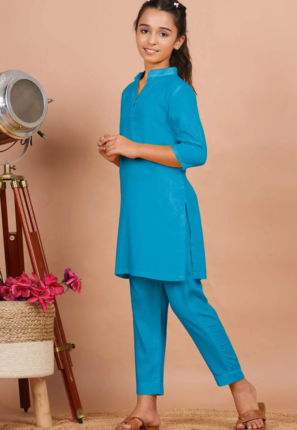 Solid Color Rayon Co Ord Set in Turquoise