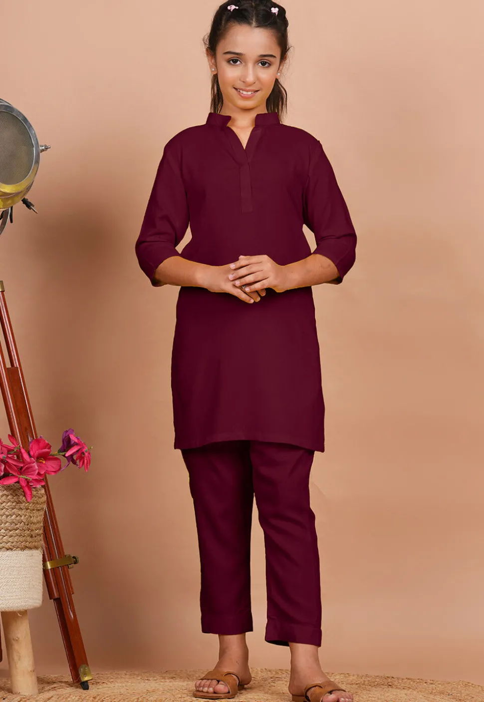 Solid Color Rayon Co Ord Set in Wine
