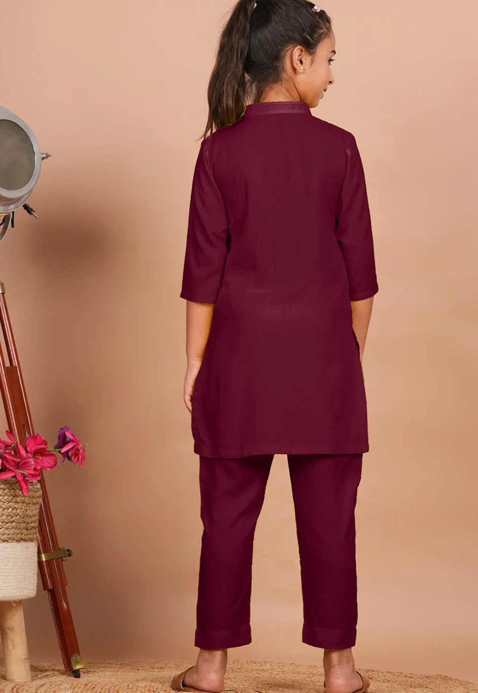 Solid Color Rayon Co Ord Set in Wine