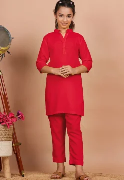 Solid Color Rayon Co Ord Set in Red