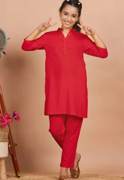 Solid Color Rayon Co Ord Set in Red