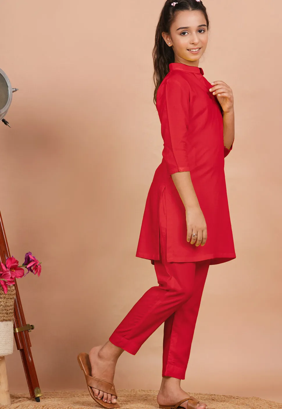 Solid Color Rayon Co Ord Set in Red