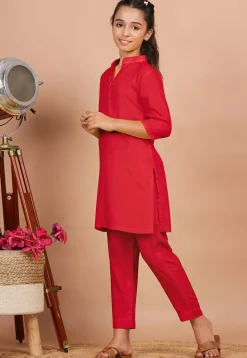 Solid Color Rayon Co Ord Set in Red