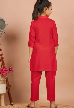 Solid Color Rayon Co Ord Set in Red