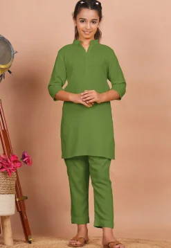 Solid Color Rayon Co Ord Set in Olive Green
