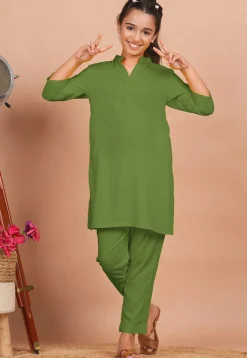 Solid Color Rayon Co Ord Set in Olive Green