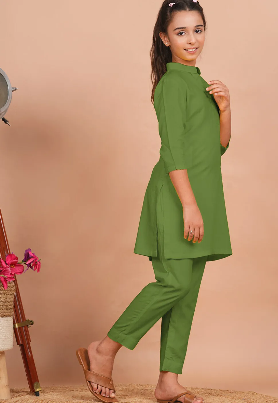 Solid Color Rayon Co Ord Set in Olive Green