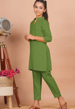 Solid Color Rayon Co Ord Set in Olive Green