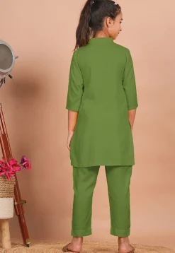 Solid Color Rayon Co Ord Set in Olive Green