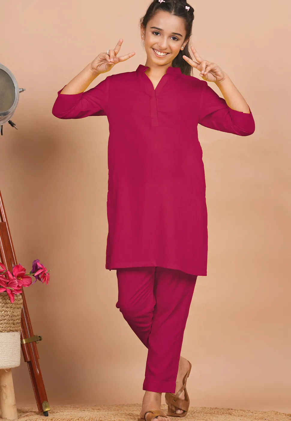 Solid Color Rayon Co Ord Set in Fuchsia