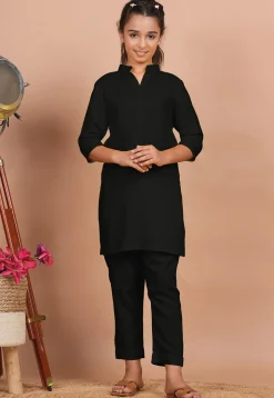 Solid Color Rayon Co Ord Set in Black
