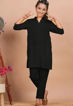 Solid Color Rayon Co Ord Set in Black