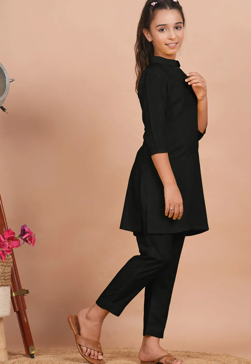 Solid Color Rayon Co Ord Set in Black