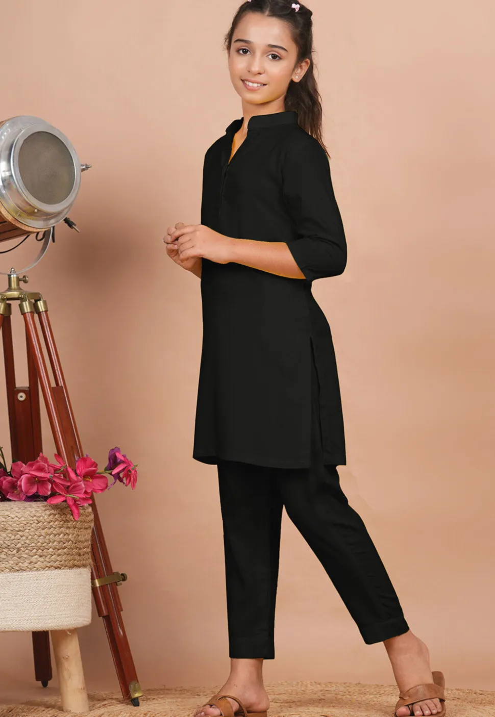 Solid Color Rayon Co Ord Set in Black
