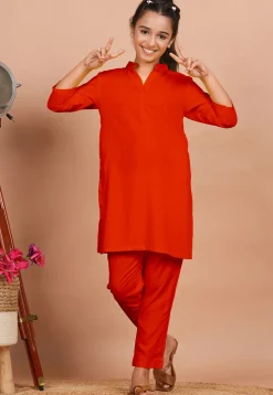 Solid Color Rayon Co Ord Set in Dark Orange