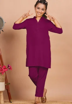 Solid Color Rayon Co Ord Set in Dark Magenta