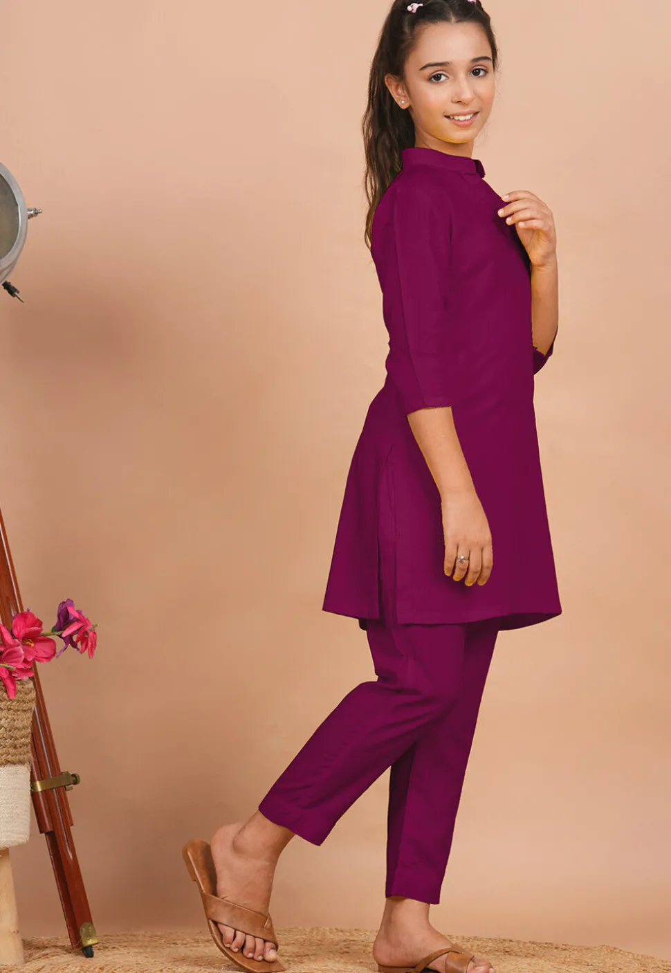 Solid Color Rayon Co Ord Set in Dark Magenta