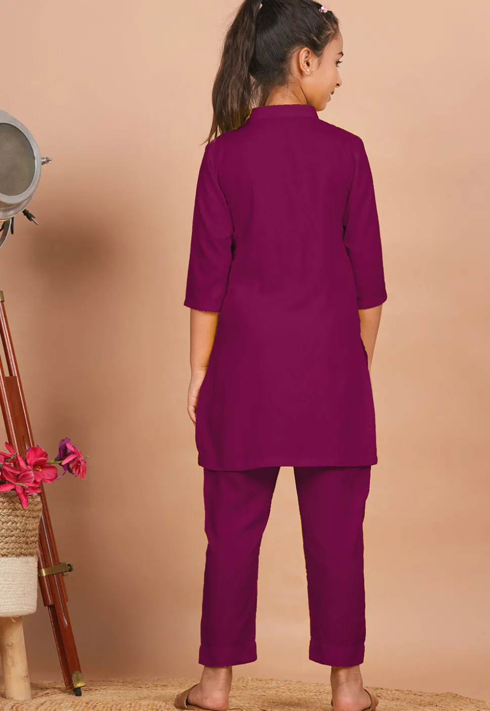 Solid Color Rayon Co Ord Set in Dark Magenta