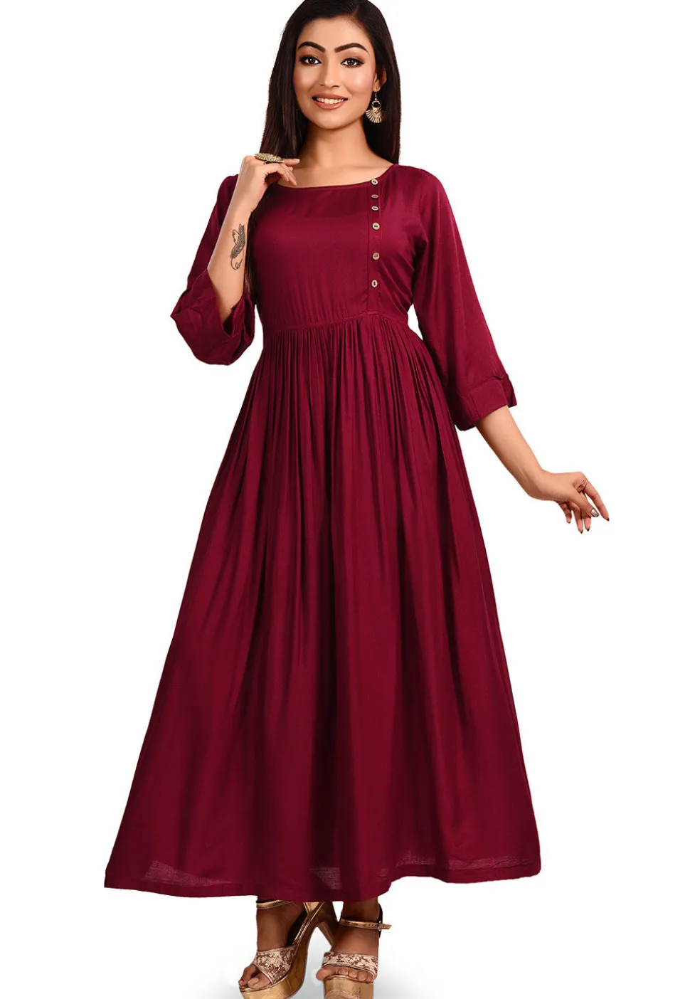 Solid Color Rayon Cotton A Line Kurta in Maroon