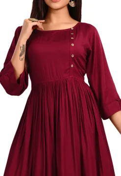 Solid Color Rayon Cotton A Line Kurta in Maroon