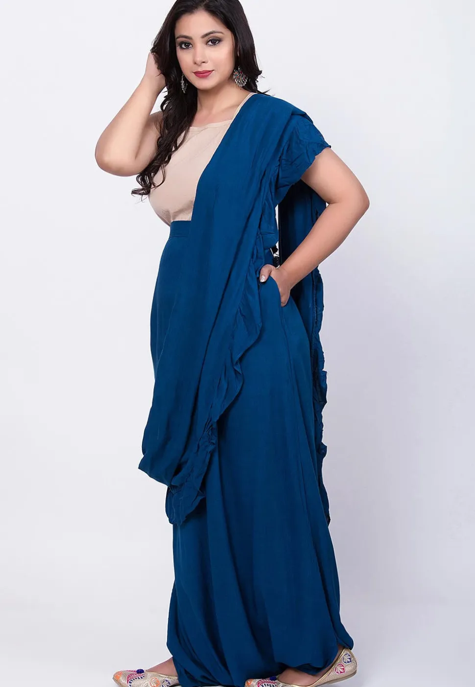 Solid Color Rayon Cotton Slub Cowl Pant in Dark Blue
