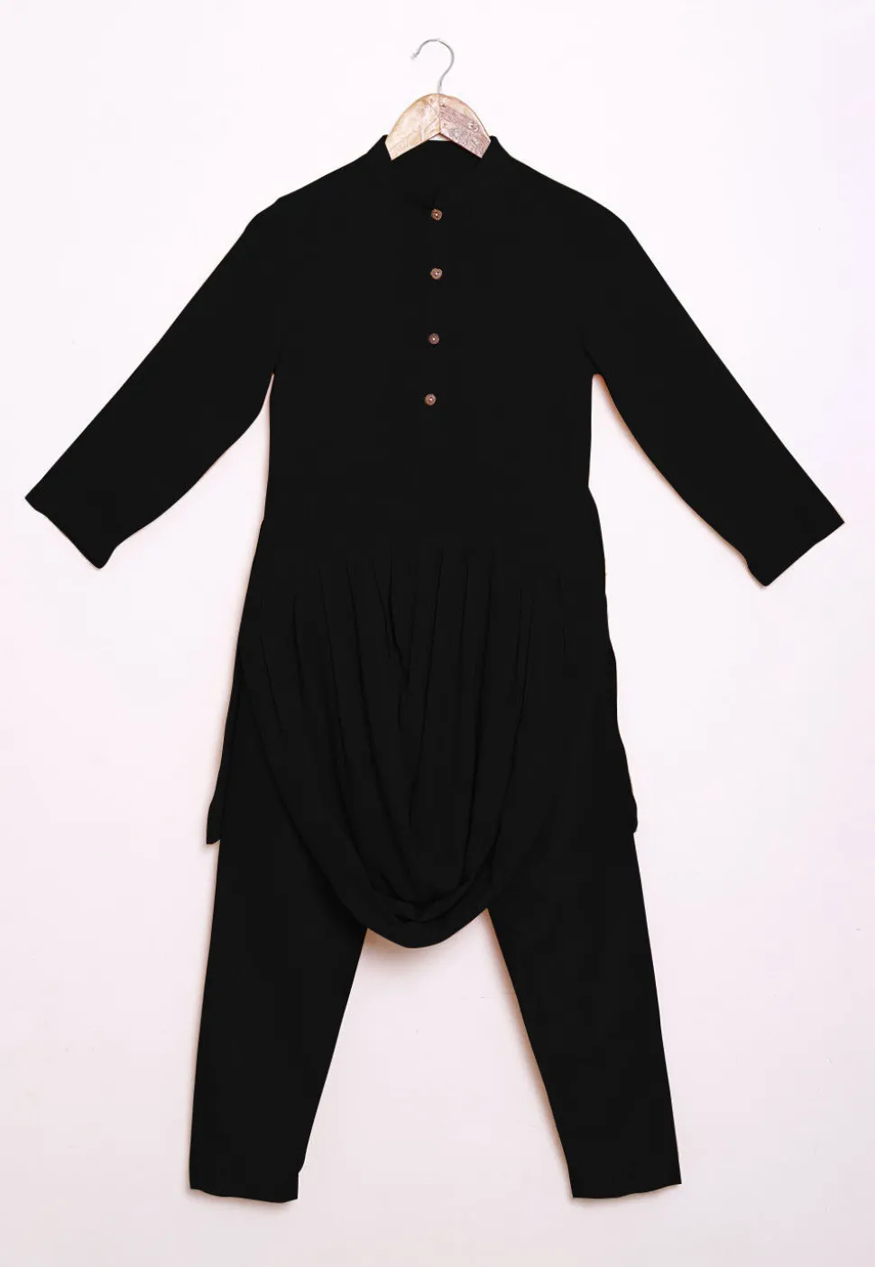 Solid Color Rayon Cowl Style Kurta Set in Black