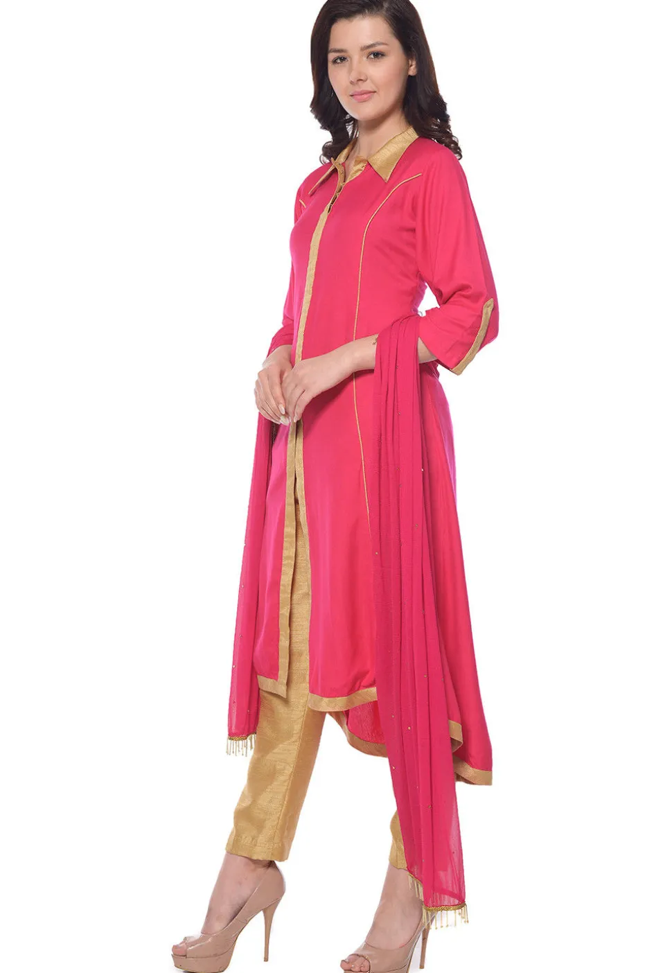 Solid Color Rayon Front Slit Pakistani Suit in Pink