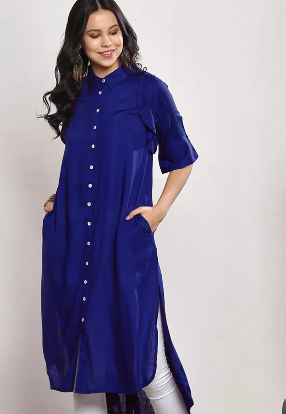 Solid Color Rayon High Low Kurta in Royal Blue