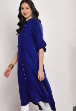 Solid Color Rayon High Low Kurta in Royal Blue
