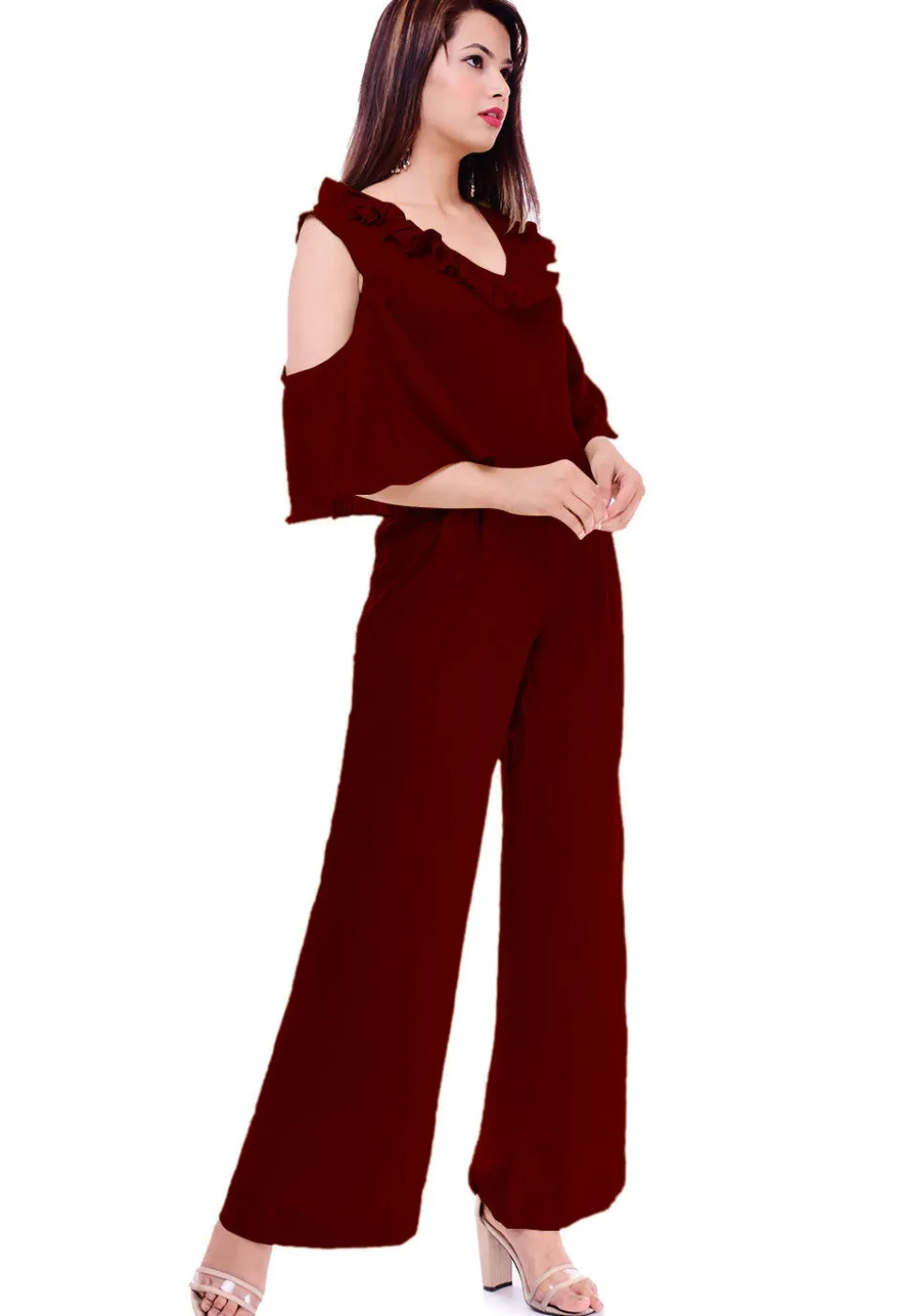 Solid Color Rayon Jumpsuit in Maroon