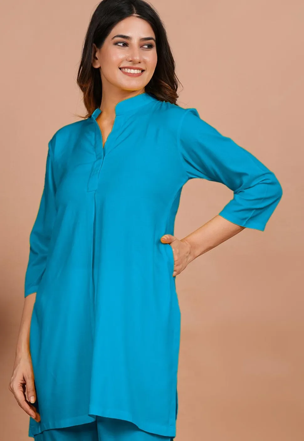 Solid Color Rayon Kurti in Turquoise