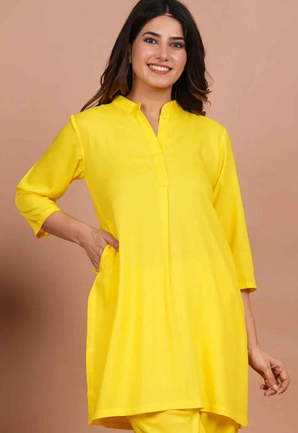 Solid Color Rayon Kurti in Yellow