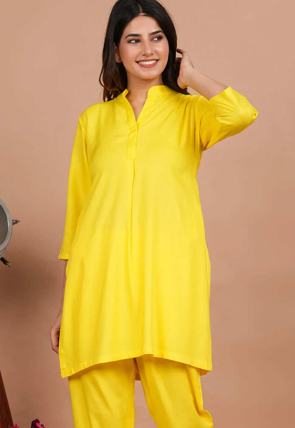 Solid Color Rayon Kurti in Yellow