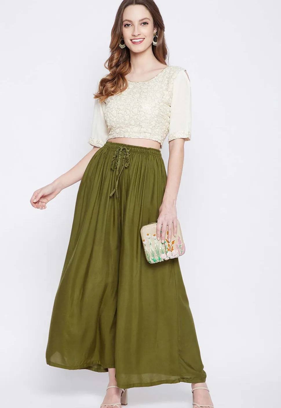 Solid Color Rayon Palazzo in Olive Green