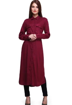 Solid Color Rayon Shirt Style Kurta in Maroon