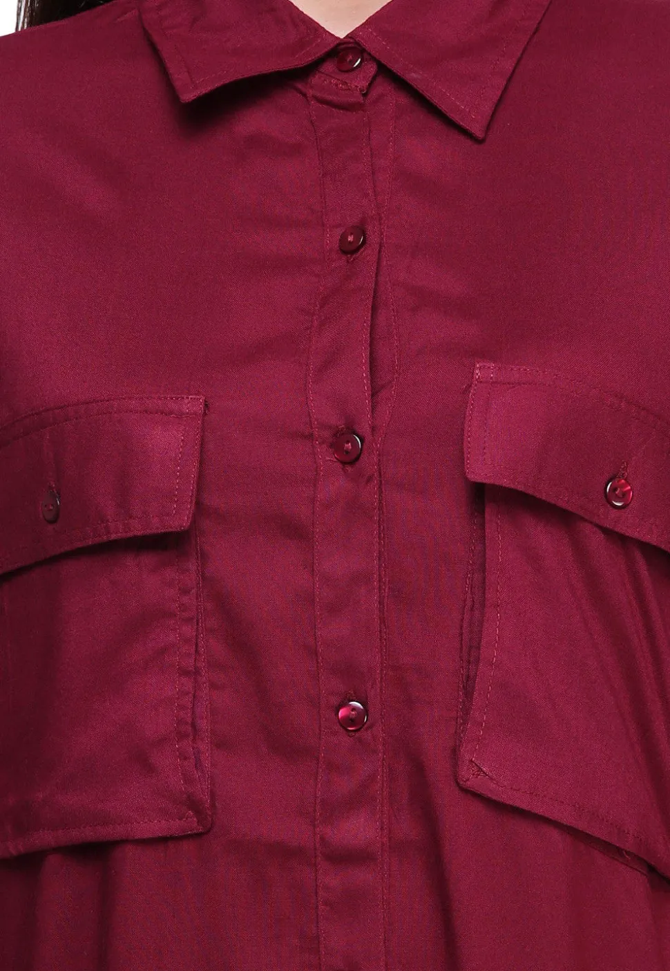 Solid Color Rayon Shirt Style Kurta in Maroon
