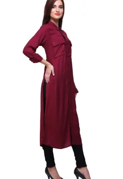 Solid Color Rayon Shirt Style Kurta in Maroon