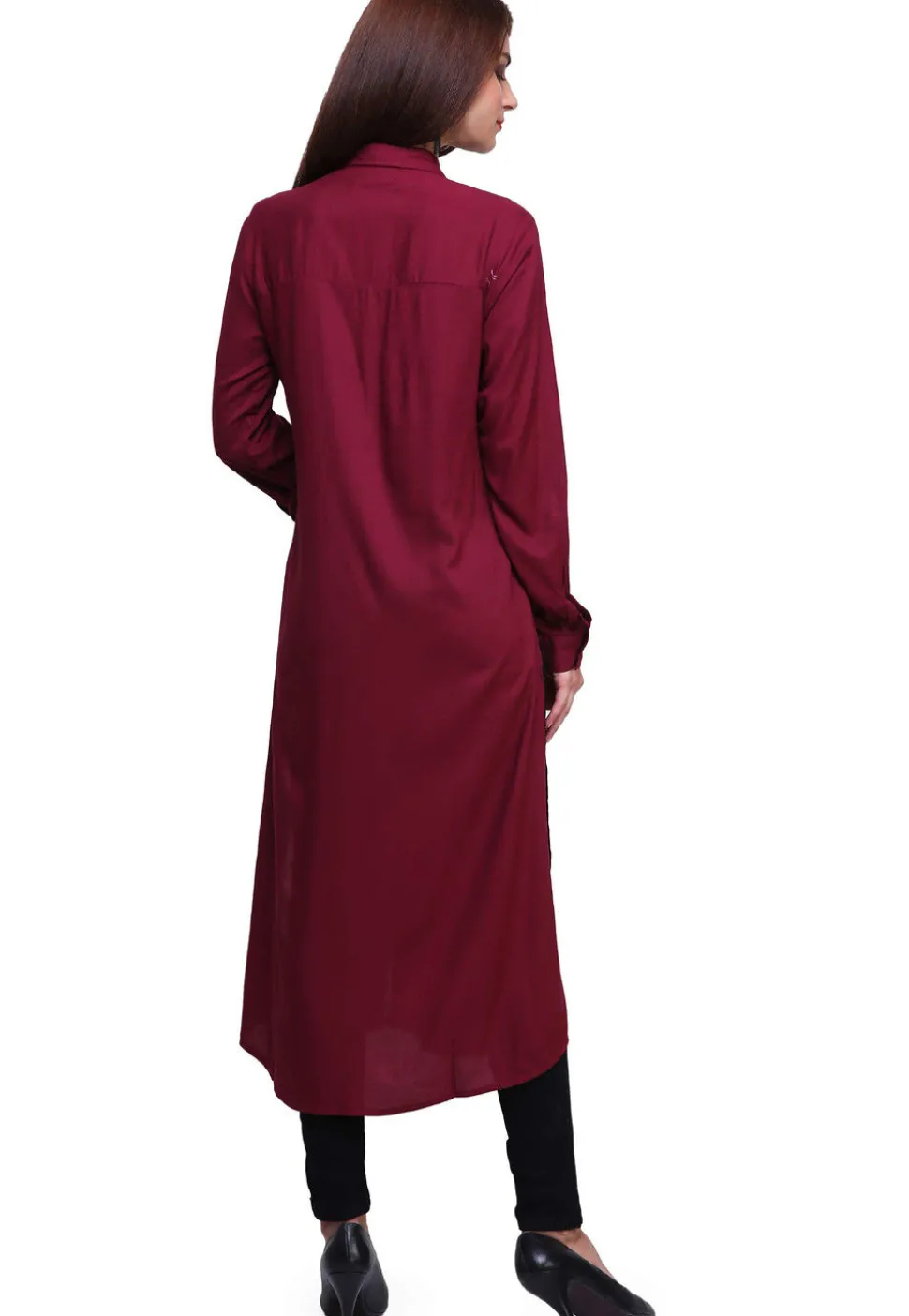 Solid Color Rayon Shirt Style Kurta in Maroon