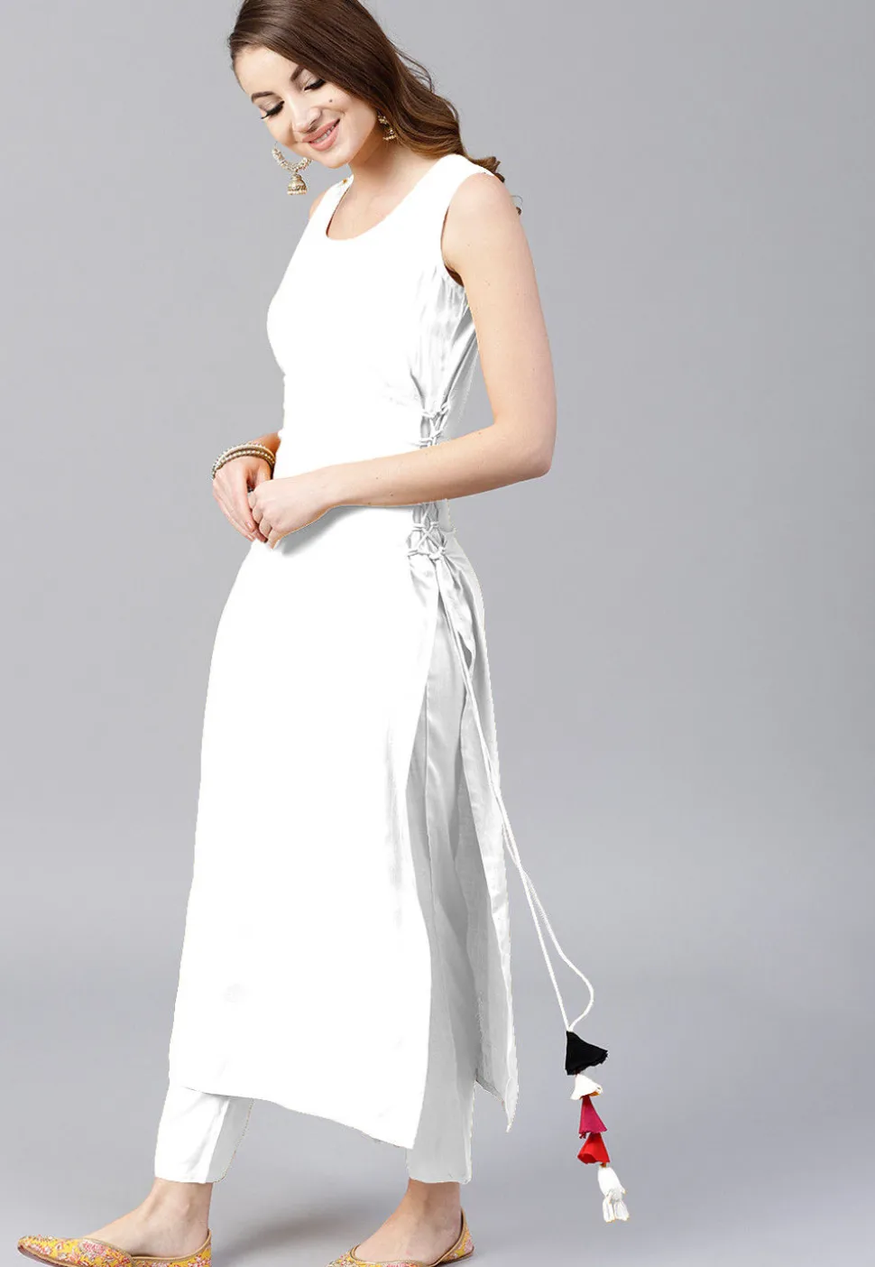 Solid Color Rayon Straight Kurta Set in White