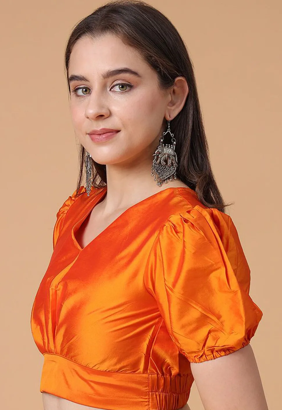 Solid Color Satin Blouse in Orange
